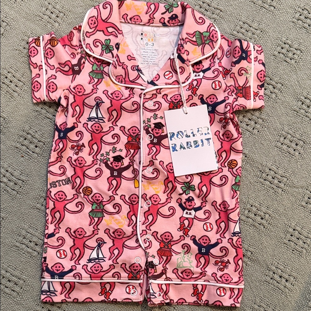 Roller Rabbit Pink Monkey Print Kids Pajama Romper - Playful Print